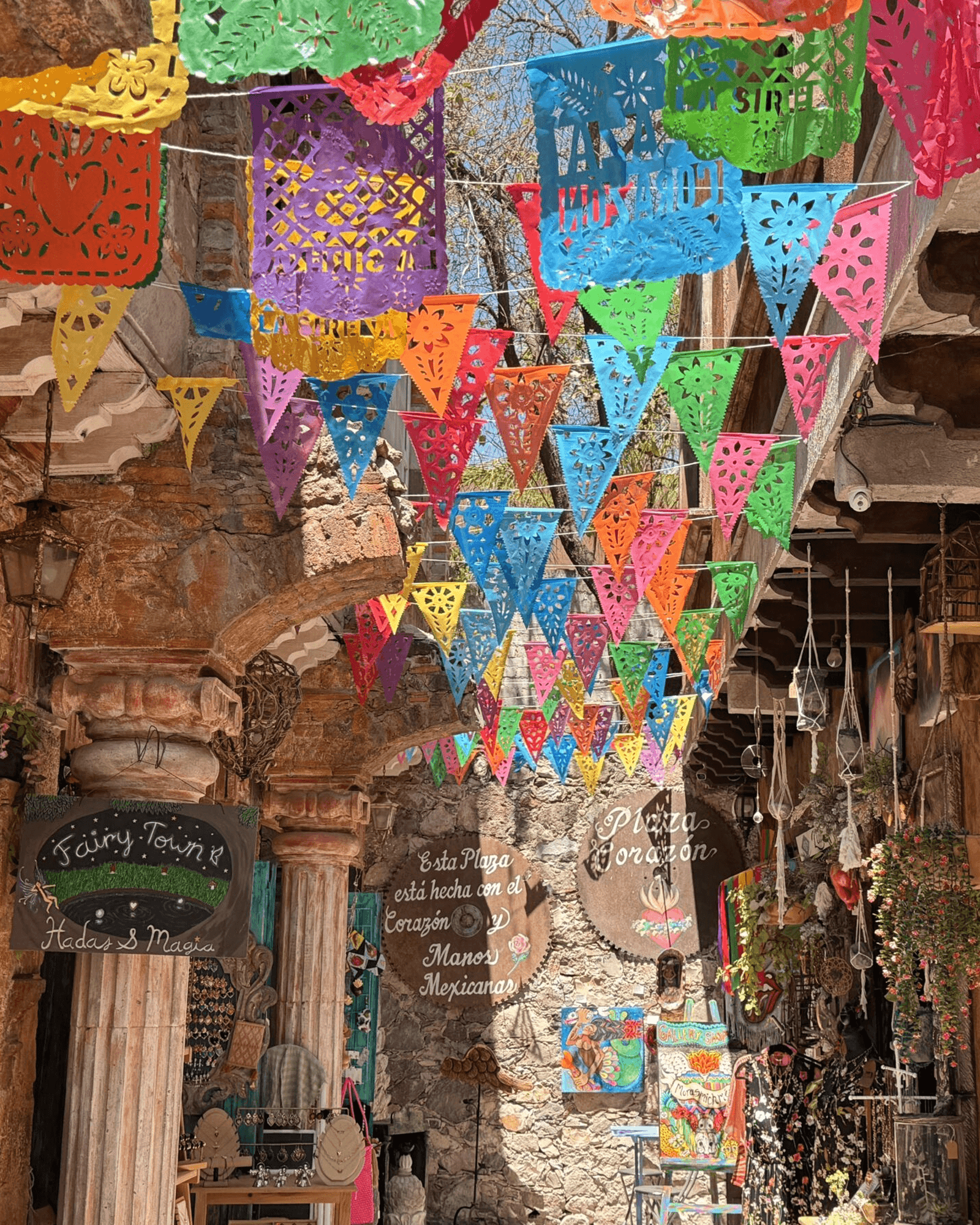 Stalls of flowers and crafts at the Mercado de Artesanías